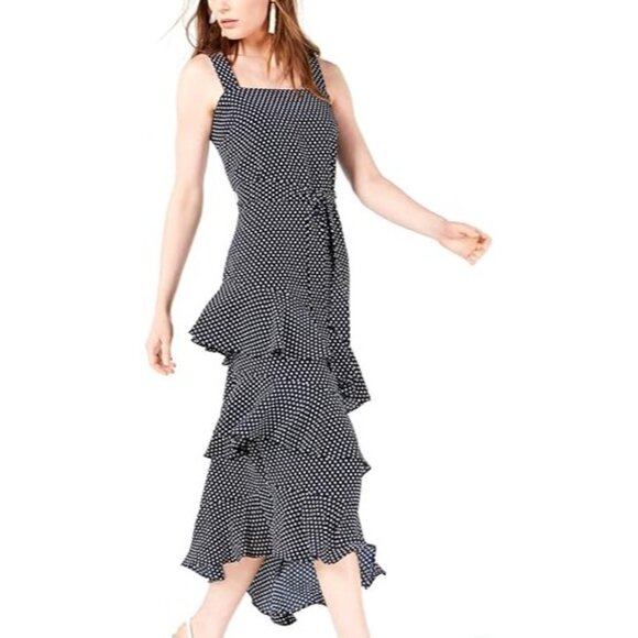 bar III Women's Ruffled A-line Midi Dress Polka Dots Zipper Backless Grey Size 4 - Picture 1 of 3